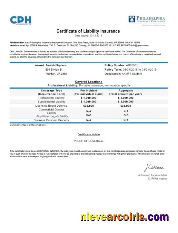 USA Pennsylvania Certificate of Liability Insurance